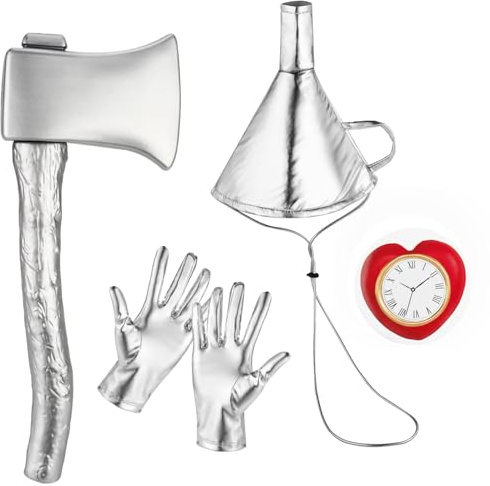 Merroyal Silver Tin Costume Accessory Set, 41 cm Axe with Funnel Hat, Metallic Gloves and Heart Clock Brooch for World Book Day and Role Play (Sliver)