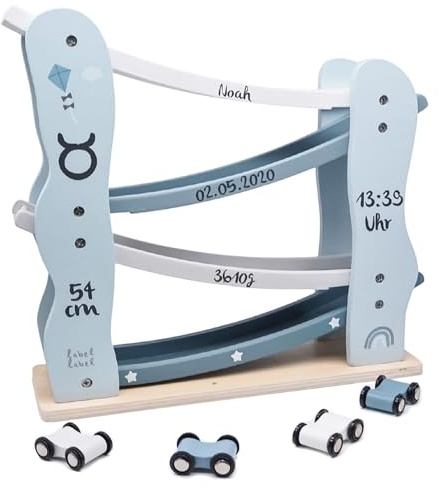 Personnalisable Circuit à Billes en Bois Bleu - avec Voitures et Piste de roulement - Circuit à Billes pour Enfants à partir de 18 Mois an - avec nom et Dates de Naissance - Label-Label