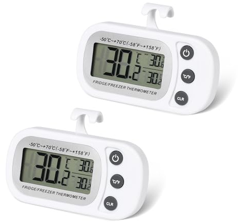 Pumwoy 2 Pezzi Termometro Frigorifero con Registrazione Max/Min, Termometro Digitale per Frigorifero Impermeabile Display LCD, Magnetico Termometro Digitale con Gancio e Conversione ℃ /℉