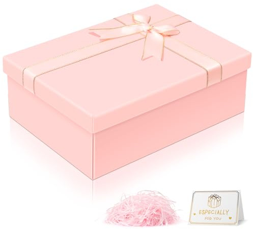 VINATO Caja Regalo Plegable, 25x18x8.5cm, Cajas de Regalo con Tapa, Cinta, Tarjeta de Felicitación y Rafia, para Cumpleaños, Bodas, Aniversarios, Navidad, Rosa