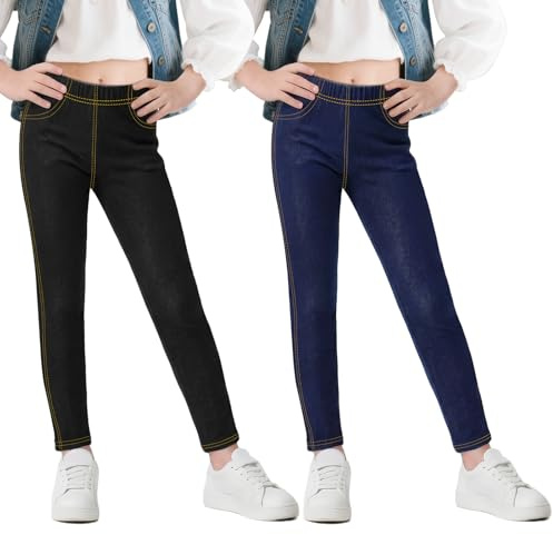 Baogaier Leggings para Niña, Elásticos Slim Fit Jeggings, Pack de 2, Elásticos Vaqueros Legging, Transpirable Mallas Casual Pantalones Niños Ropa para 9-10 Anos, Negro&Azul Marino