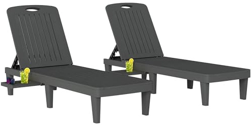 Outsunny Lot de 2 Chaises Longues de Jardin en PP avec Plateau Latéral Gris