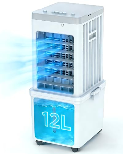 Portable Air Conditioner, 4-in-1 Evaporative Air Cooler Fan, 70W Space-Saving Design, 12L Water Tank, 3 Ice Packs, 3 Speeds, 60° Oscillation, 46dB Quiet, Pet-Friendly Cooling for Home & Office
