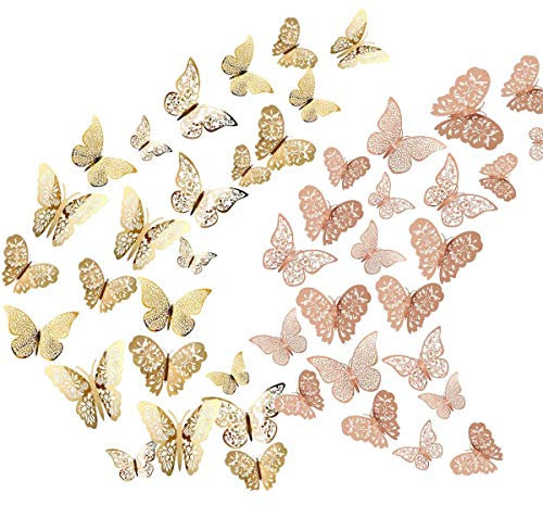 Allazone 72 Pz 3D Mariposas Pegatinas de Pared Mariposas 3D Mariposas Decorativas Decoraciones de Mariposas para Habitación Inicio Aula Oficinas Decoración de dormitorio, Oro Rosa y Oro