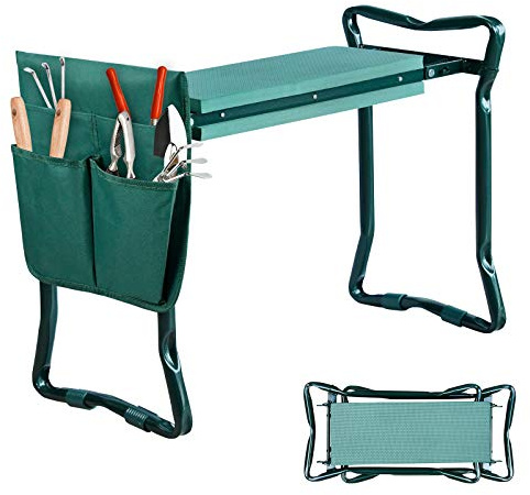 Froadp 59x28x49cm Tabouret à Outils de Jardin Pliable à Genoux avec Coussin en Mousse Genouillère de Jardin avec Sac à Outils Amovible Banc de Protection des Genoux pour Garage Maison Jardin