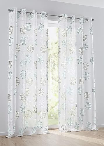 Kutti Vorhang Bella mit Ösen Gardine halbtransparent weiß türkis Kreis Motiv Breite 135 x Höhe 245 cm (1 Stück)