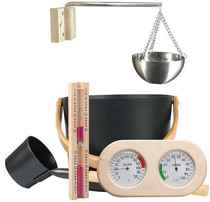 Augustusws Cubo de sauna de madera con cucharón, 7L lujoso cubo de sauna finlandesa sauna accesorios de spa con cucharón reloj de arena termómetro higrómetro sauna aromaterapia aceite taza kit