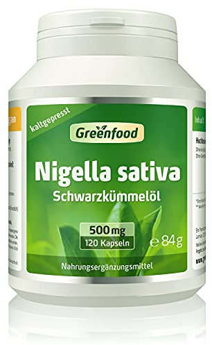 Schwarzkümmelöl, hochdosiert, 500mg - 120 Kapseln (Softgel). Hochwertige Nigella sativa - kaltgepresst. OHNE künstliche Zusätze - laborgeprüft. Von Greenfood.