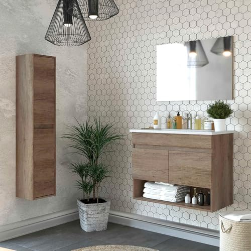 Inbagno Mobile bagno sospeso 80 cm, 2 ante e vano a giorno serie Oasi, colore rovere con venatura naturale, COMPLETO di lavabo, specchio e pensile alto