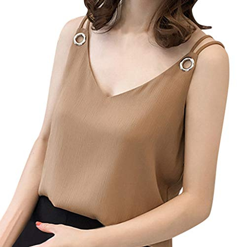 IQYU Camiseta de tirantes para mujer, larga, de verano, de gasa, elegante, sin mangas, con cuello en U, sin mangas, para verano, para playa, blusa, espagueti, top de gasa