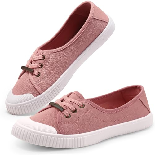 Harvest Land Womens Canvas Shoes Low Top Flat Gym Sports Pumps Trainers Lace Up Flat Ladies Girls Fashion Pumps Pink UK 5.5