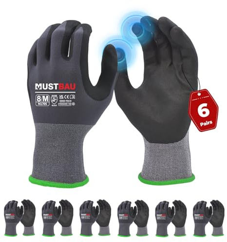Mustbau 6 Pares de Guantes de Trabajo con Pantalla Táctil, Guantes de Nitrilo Resistentes a la Abrasión, Excelente Agarre Adecuados para Jardinería, Mecánica, Construcción (Gris,M)