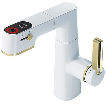 YZZY Bathroom Faucet Single Hole Brass Lavatory Sink Faucet LED Digital Temperature Display Washbasin Mixer Tap White Single Handle Lift Bathroom Sink Faucets