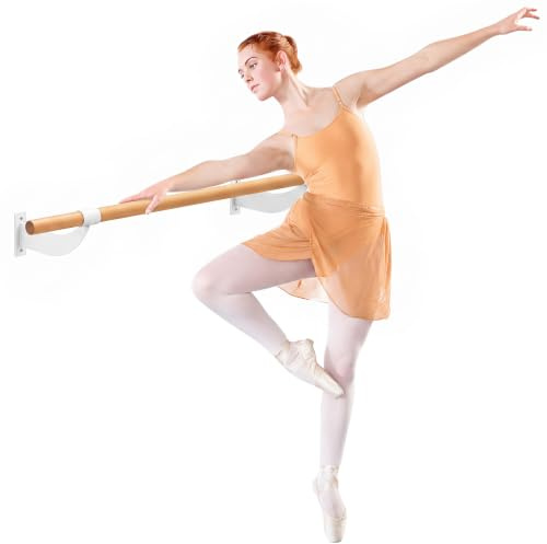 GYMAX Barra de Ballet de Madera, 120 cm de Largo, Soporte de Pared, Barra de Ejercicio, Barra de Baile, Altura Fija para Danza, Estiramiento y Yoga, Barra de Ballet para Niños y Adultos (Blanco)
