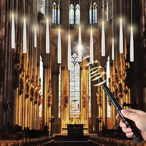 cimetech Floating Candles with Wand Remote, Flickering Warm Light with 6H Timer, Battery Flameless Hanging LED Taper Magic Candles for Christmas Halloween Home Wedding Party Decorations (12pc)