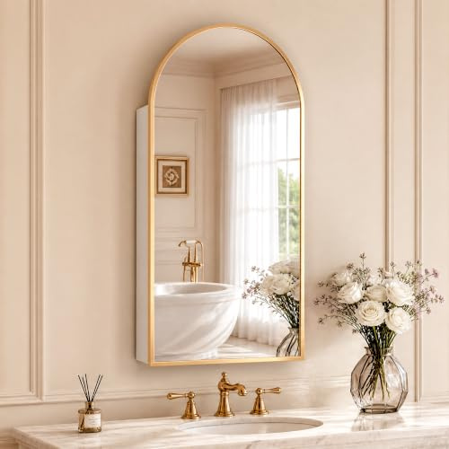 FKWin Arched Gold Bathroom Medicine Cabinet with Mirror, Left or Right Opening, Bathroom Mirror with Storage, Surface Mount Medicine Cabinet not Recessed, Gold, 15.7x31.5 inch
