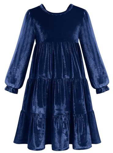 Odizli Abito per Bambina Ragazza Autunno Inverno a Manica Lunga in Velluto con Volant A Line Principessa per Natale Matrimonio Cerimonia Abito in Velluto, Blu scuro, 9-10 Anni
