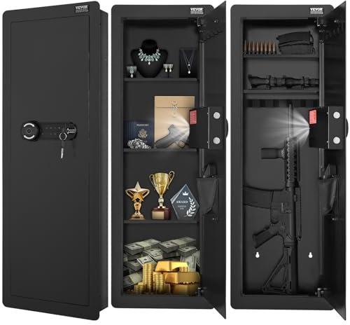 VEVOR Waffentresor Wandtresor Safe mit 4 Ebenen 3 herausnehmbaren Regalen 6 Schlüsselhaltern LED-Licht Vibrationsalarm, Tastenfeld und Fingerabdruck, für Langwaffe Pässe Schmuck Bargeld Dokumente