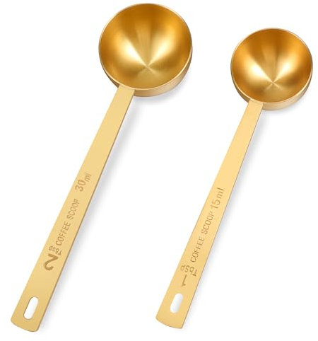 Cucchiaino da caffè, 1 cucchiaio dosatore dorato (15 ml) e 1 cucchiaio (30 ml), cucchiaio dosatore in acciaio inox con manico lungo, cucchiaio dosatore per caffè macinato, latte, tè, zucchero,