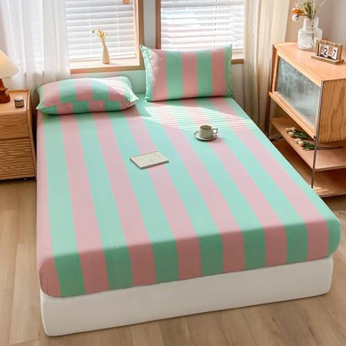 Lirzxin Boxspringbett 150x200 cm, Spannbettlaken Baumwolle Streifen Muster Spannbetttuch Doppelbett Atmungsaktives und Weiches, Rosa Grün