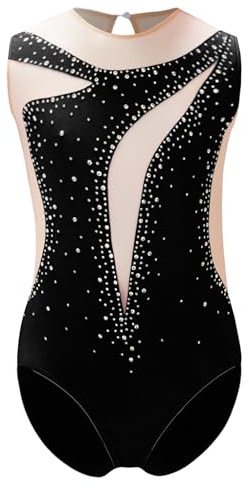 JEATHA Ragazza Body da Balletto Leotards a Senza Manica con Strass Brillantini da Pattinaggio Bodysuit Da Ginnastica Artistica 5-16 Anni Nero 13-14 anni
