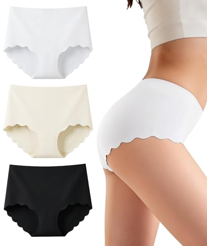 Gladbecke Bragas sin Costuras Mujer Braguita, Elástico Culotte Cintura, Braguitas Ropa Interior Cómoda y Sexy, Media Ropa Interior Cómodas y Suaves, Negro/Blanco/Piel, Pack de 3, M