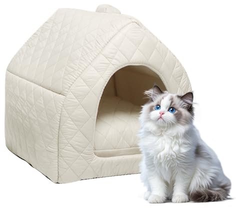 Niche pour chat - 40 x 40 x 40 cm - Maison d'intérieur avec coussin amovible - Pliable 2 en 1 - Lit pour chat domestique - Lavable - Pour animaux de compagnie de petite et moyenne taille - Crème