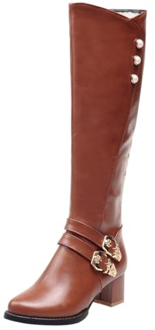 Femme Bottes Hautes Talon Bloc Bordeaux Avec Boucles Dorées Grande Taille Chaude Doublure Bottes Style Cavalier Élégant Boots Chaussures Automne Et Hiver 38