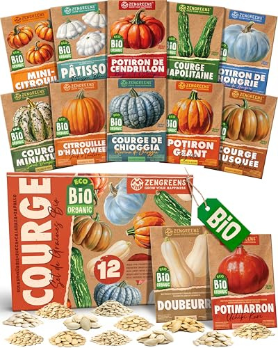 ZenGreens® - Set de semillas de calabaza eco - 12 variedades para cultivar fácilmente en el jardín, balcón o parterre elevado - Sementes verduras