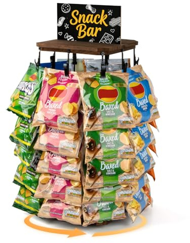 PUERSI Wooden Chip Rack Display Stand, 5 Tiers 40 Clips Rotating Snack Rack for Office Countertop, Snack Organizer Chip Storage Candy Display for Concession, Party, Retail, with Message Board - Brown
