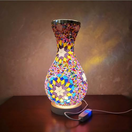 Turkish Inspired Vase Table Lamp Wood Base - Add a Warm Glow to Your Bedroom Create a Cozy Reading Nook or Enhance Your Yoga Practice Space Plug-in Button Lamp - USB Plug（5.11in*11in）