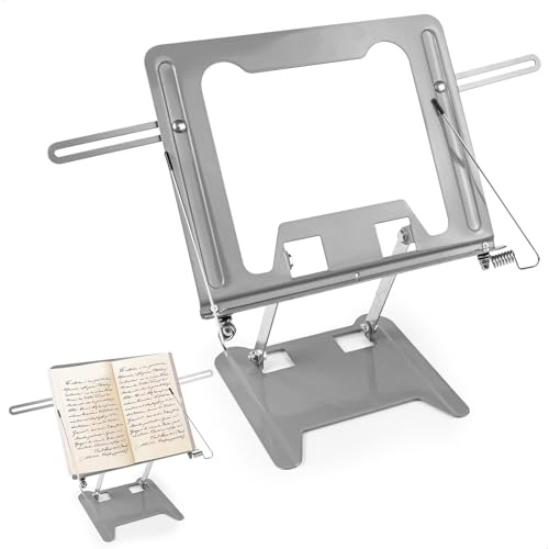 Atril Para Libros, Atril Estudio, Atril Libros con Clips, Soporte Libros, Ajustable y Plegable, se Puede Alargar 43 cm, Acero al Carbono, para Recetas, Portátiles y Ipad (Plateado)