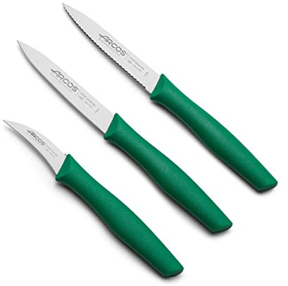 Arcos Set di Coltelli per Sbucciare in Acciaio Inossidabile, Manico Ergonomico in Polipropilene, 3 Pezzi per Frutta, Verdura e Tuberi (Verde) Serie Nova