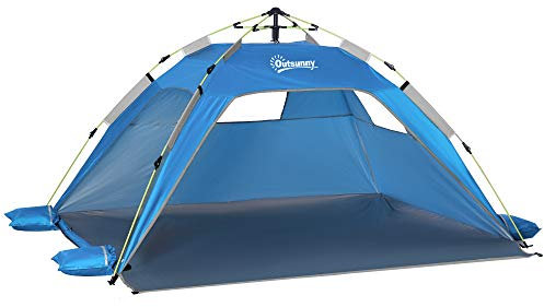 Outsunny 2 Man Pop-up Tent Beach Tent Sun Shelter w/Windows Doors Hook Sandbags UV Protection Waterproof Outdoor Adventure Garden, Sky Blue