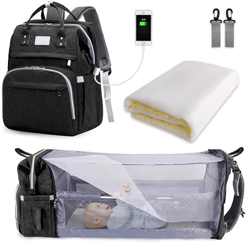 SNDMOR Wickeltasche Rucksack, wickelrucksack mit bettfunktion Großer, Multifunktionale Diaper Bag Mit Wickelunterlage, Kinderwagen-Haken, Geeignet für Mama und Papa (Schwarz)