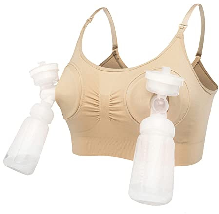 LEAPOVER Soutien-gorge sans mains pour l'allaitement, tire-lait pour seins, brassière d'allaitement maternité réglable.., beige, M