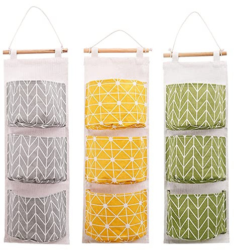 DOULEIN Bolsa de Almacenamiento para Colgar en la Pared,3 Piezas Organizador Colgante Impermeable Tela De Lino Organizador con 3 Bolsillos ，para Dormitorio Baño Cocina