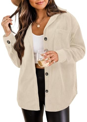 ZOLUCKY Women's Shacket Jacket Long Sleeve Shirts Casual Button Down Corduroy Jacket Fall Blouse Tops, Off White Medium