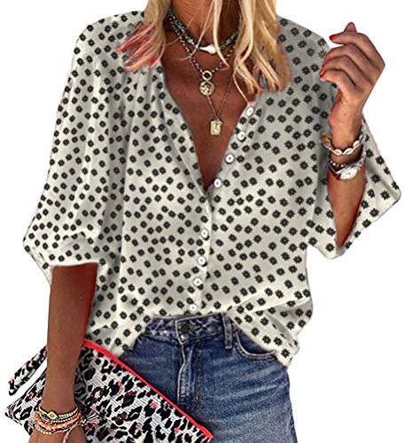 Tomwell Femme Chemisiers Chic Col V Manches Longues Pois Blouse Mode Casual Loose Tunique Tops Hauts T-Shirts