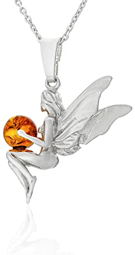 AMBEDORA Collana da donna Elfo con sfera d'ambra, argento sterling lucido, ambra baltica color cognac, ciondolo in argento con catena