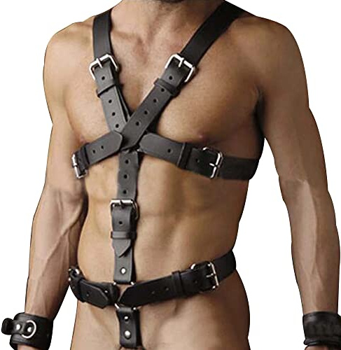 YEMYIQZ PU Leather Harness For Men Adjustable Buckle Body Chest Garter Belt Cosplay Nightclub Sexy Punk Chest Belt Clubwear, Jumpsuit