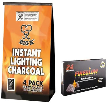 Big K Instant Light Barbecue Charcoal 4KG BBQ Coal Briquettes Charcoal Grill Bags with Fireglow Firelighters 24 Cubes for Outdoor Barbecues, Fire Pit, Camping or Picnics
