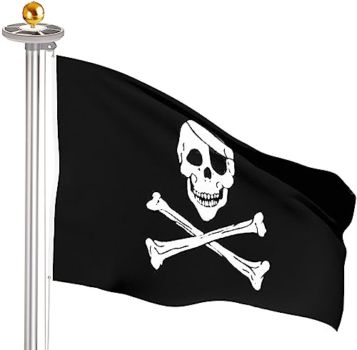 Brubaker Asta in Alluminio da 4 m con Bandiera dei Pirati, Luce Solare e Palla Oro - Asta con Presa a Terra + Bandiera dei Bucanieri con Teschio e Ossa Incrociate + Luce Solare - Set Tutto in Uno