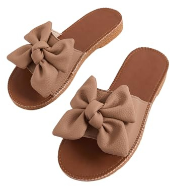 Verdusa Women's Bow Flat Sandals Leather Open Toe Flats Summer Vacation Shoes Beach Sandals Outdoor Slippers Brown 8.5