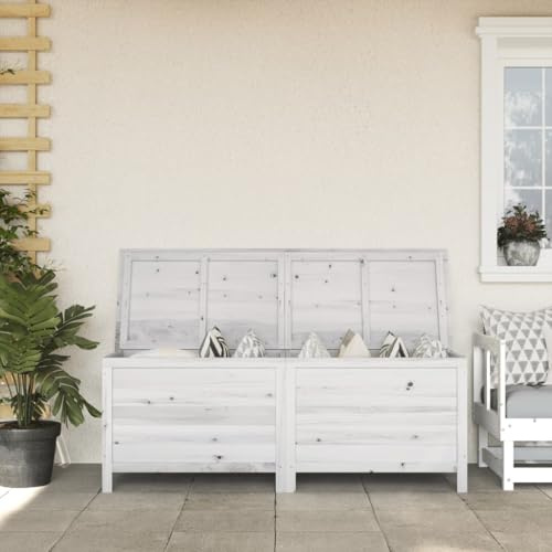 LAPOOH Gartentruhe Weiß 150x50x56,5 cm Massivholz Tanne, Gartenschrank, Gartenbox, Paketbox, Auflagenbox, Balkonschrank, Gartenkiste, Aufbewahrungsbox Outdoor, Kissenbox - 364757