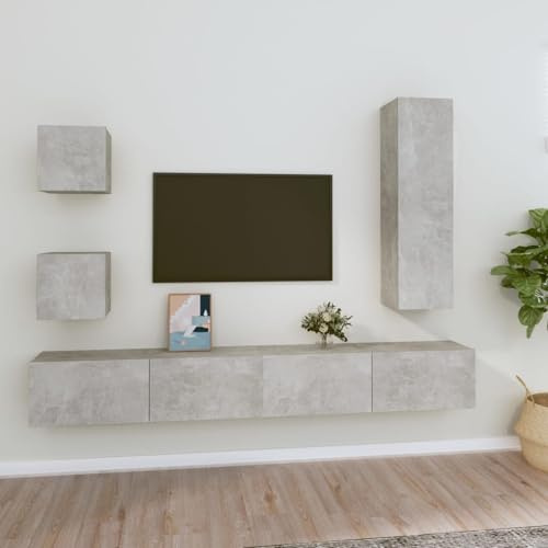 Homgoday Meuble TV salon, ensemble de meubles pour TV 5 pièces Gris béton en bois multicouche, table pour TV, meuble TV salon, meuble bas pour TV de salon industriel, support TV