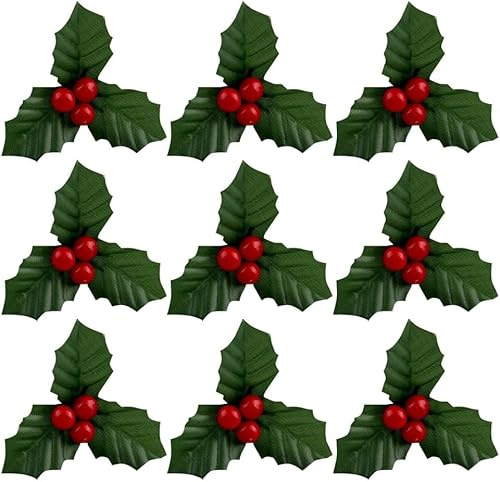 20 Pcs Red and Green Christmas Holly Berries Faux Berry Flowers with Leaves Xmas Berry Picks Decoration,Beautiful Christmas Wreath Branches,Christmas Vase Fillers,Artificial Plants and Flowers