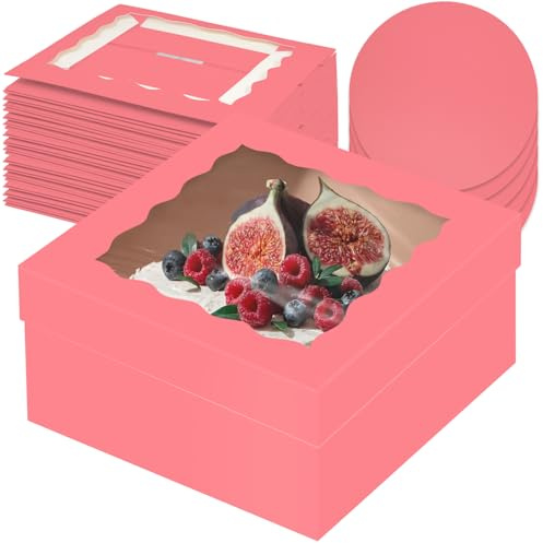 Gcardist 12x12x6 Inch Cake Box, 5 Sets Coral Orange Cake Box with Window & 5 Sets 12 Inch Coral Orange Cake Round Boards, Cake Containers(30.5x30.5x15.2cm)