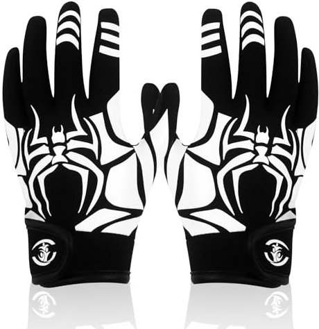 LynsaTac Gants de football américains pour jeunes – Design araignée blanche, prise en main élastique en silicone noir pour enfants et jeunes pour un meilleur contrôle du ballon – Améliore l'expérience