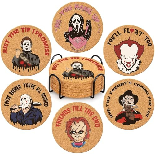 Horror Film Sottobicchieri, Halloween Sottobicchieri Set di 6, Horror Ssottobicchieri Sughero con Supporto, Decorazioni per Film Horrors, Regali per Film Horrors